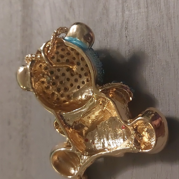 Betsey Johnson Gold Toned Blue Rhinestone Teddy Bear Red Heart Pendant Necklace - Picture 12 of 17